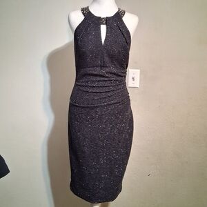 DJ- JAZ Glitter Midi Dress Sleeveless Halter Black Sz8 Sheath Elegant Goth